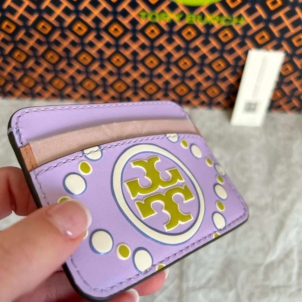 Tory Burch T Monogram Contrast Embossed Card Case Lavender New Ivory Purple